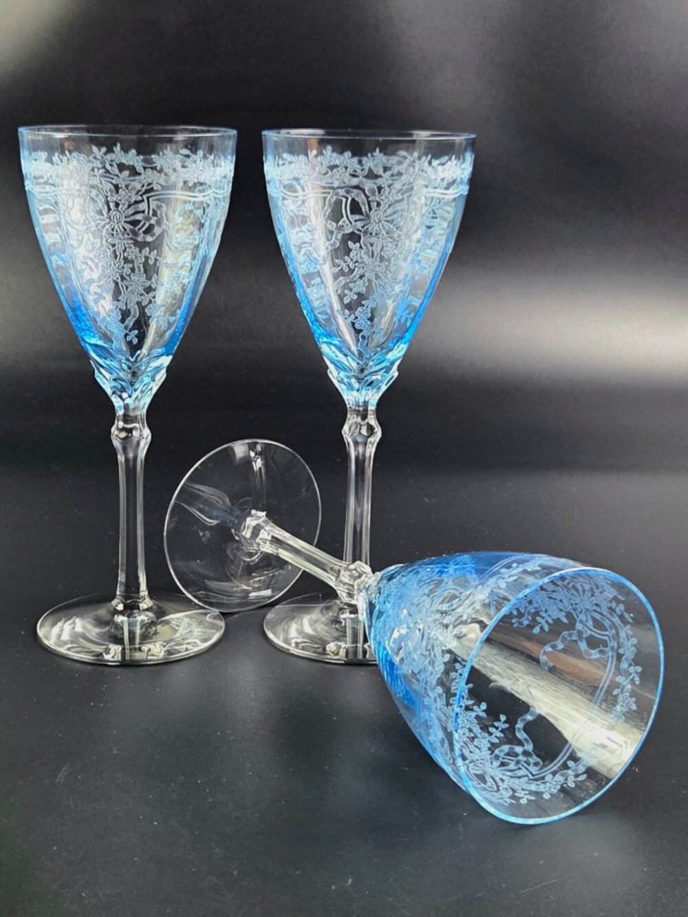 Vintage Fostoria June Blue (Azure) Water/Wine Glasses – Set of 3